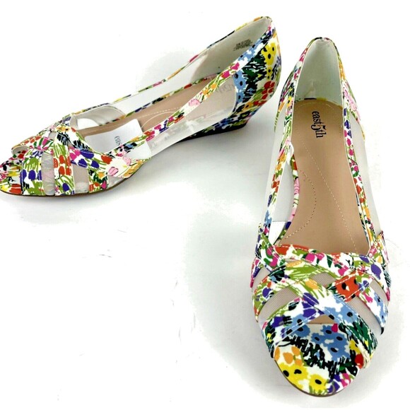 East 5th Womens Slip On Shoes Multi Floral Closed Toe Sheer Sides Wedge heel SZ9 - Picture 1 of 16
